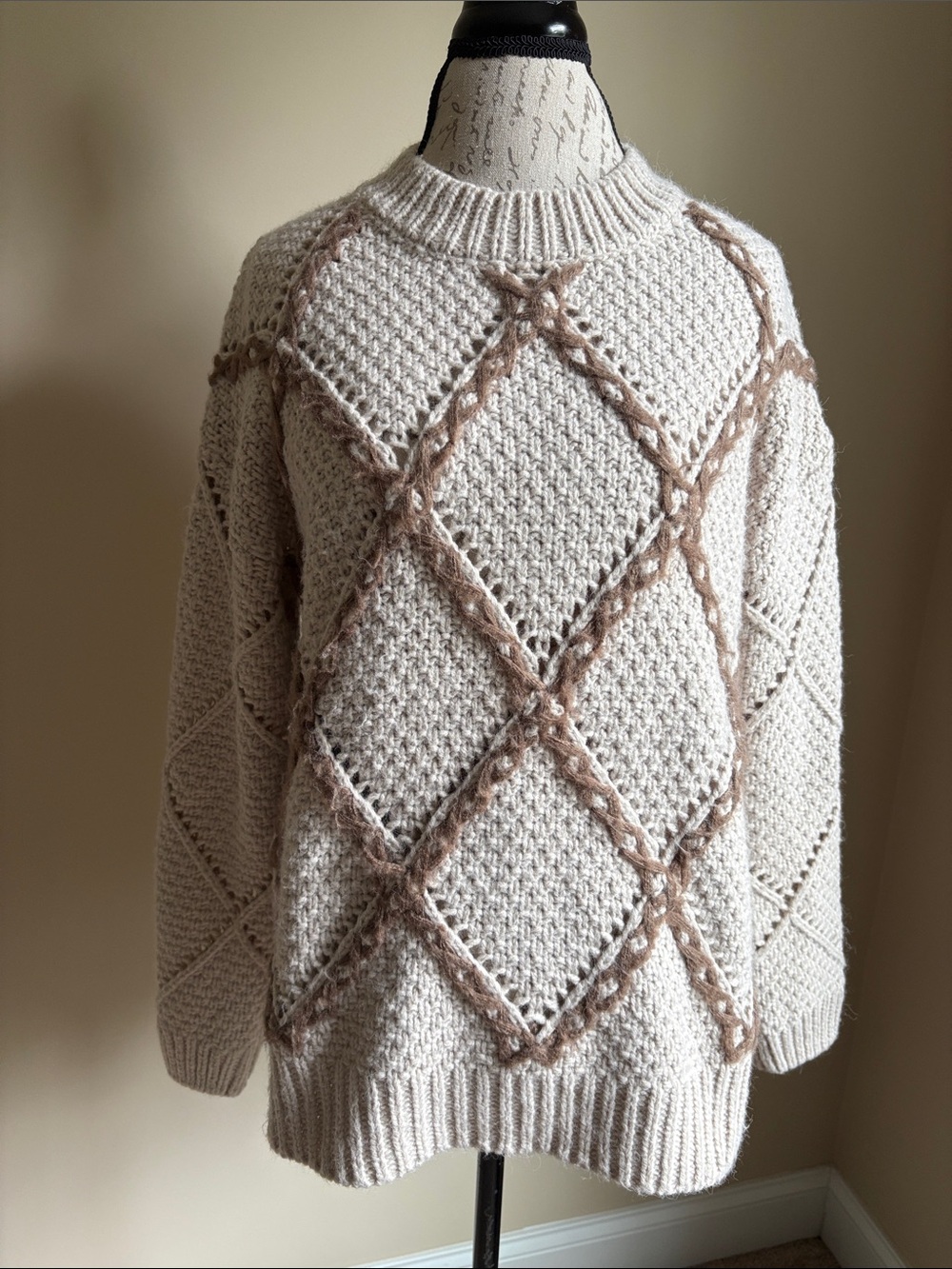 Cream Cable Knit Diamond Sweater